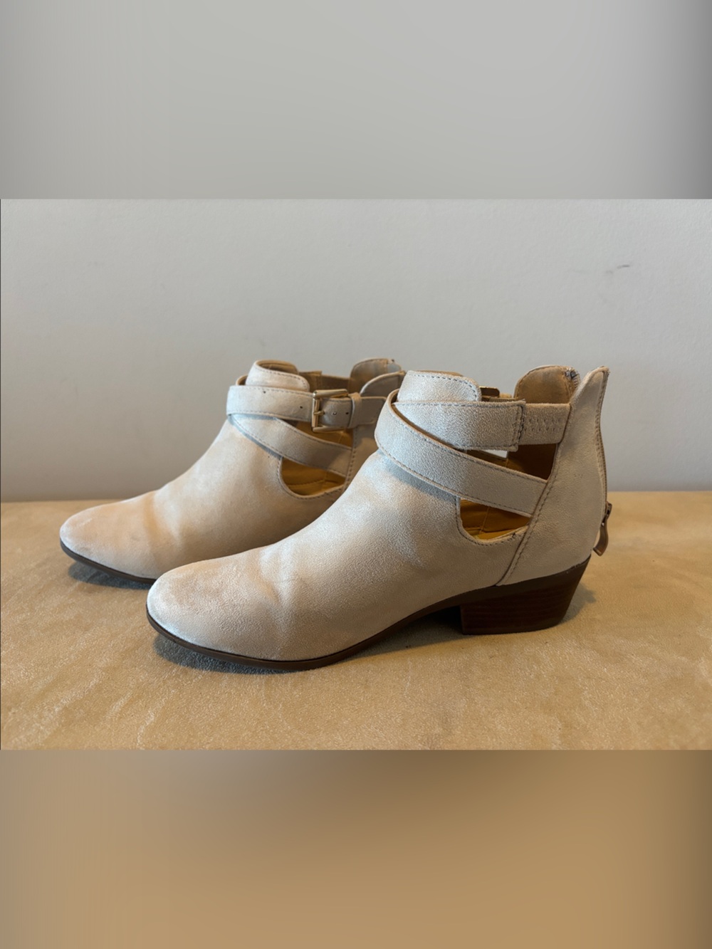 Cutout Ankle Booties with Buckle Strap in Cream, Back Zip